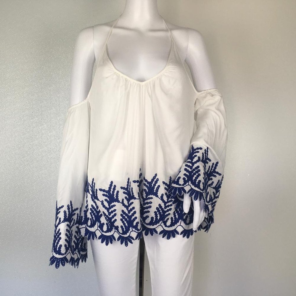 NWT Ramy Brook Women's Cold Shoulder Blouse Embroidered Sz L